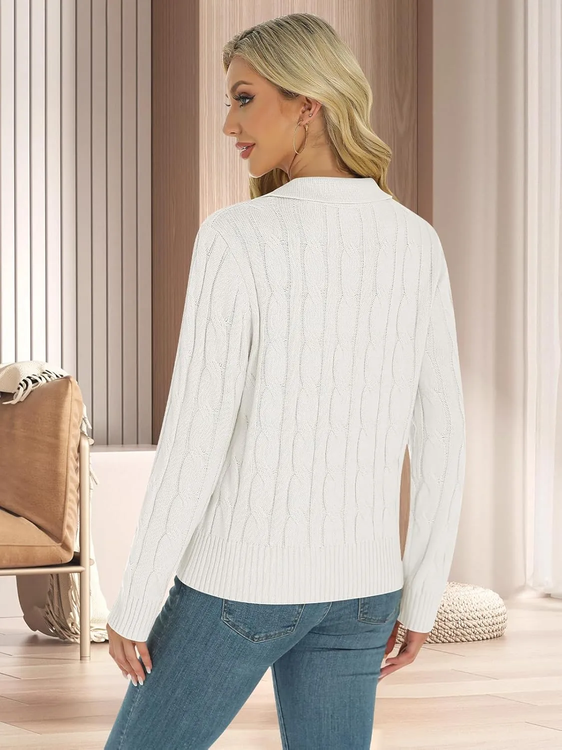 Womens Long Sleeve Sweaters Cable Tops Solid Lapel Polo V Neck Knit Casual Soft Pullover Shirt 2025 Spring Outfits