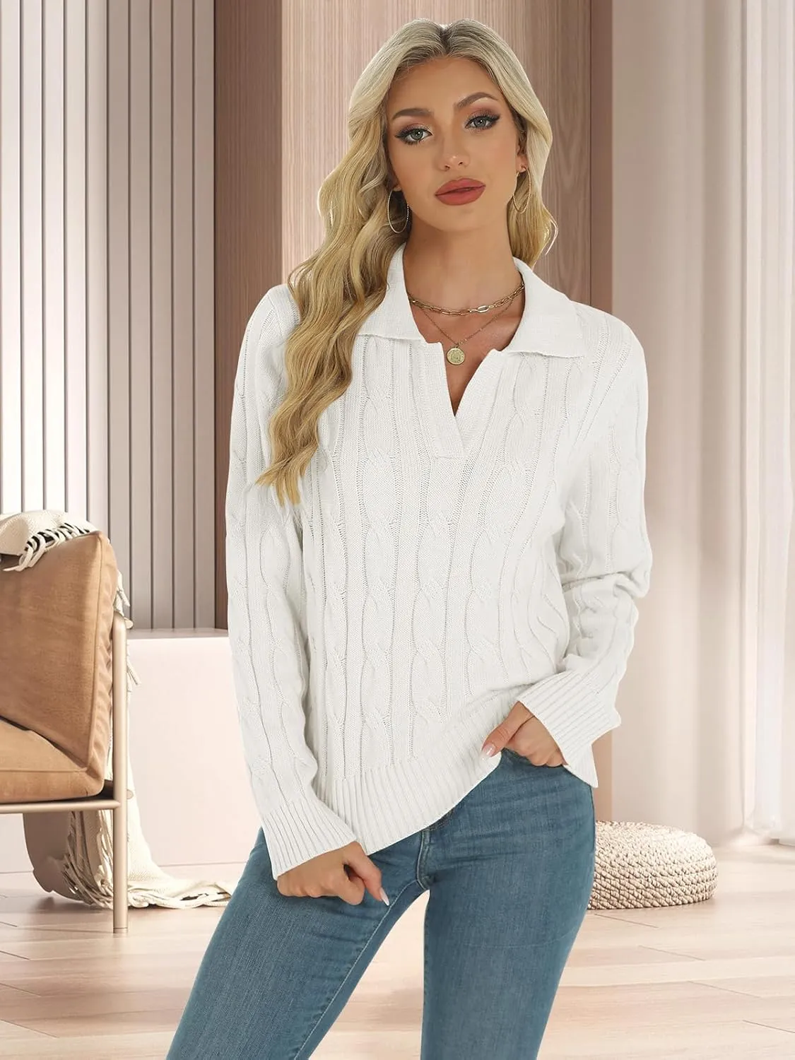 Womens Long Sleeve Sweaters Cable Tops Solid Lapel Polo V Neck Knit Casual Soft Pullover Shirt 2025 Spring Outfits
