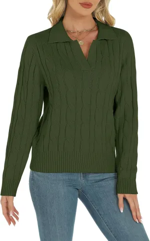 Womens Long Sleeve Sweaters Cable Tops Solid Lapel Polo V Neck Knit Casual Soft Pullover Shirt 2025 Spring Outfits