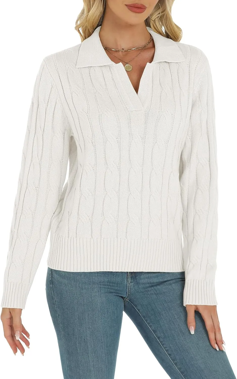 Womens Long Sleeve Sweaters Cable Tops Solid Lapel Polo V Neck Knit Casual Soft Pullover Shirt 2025 Spring Outfits