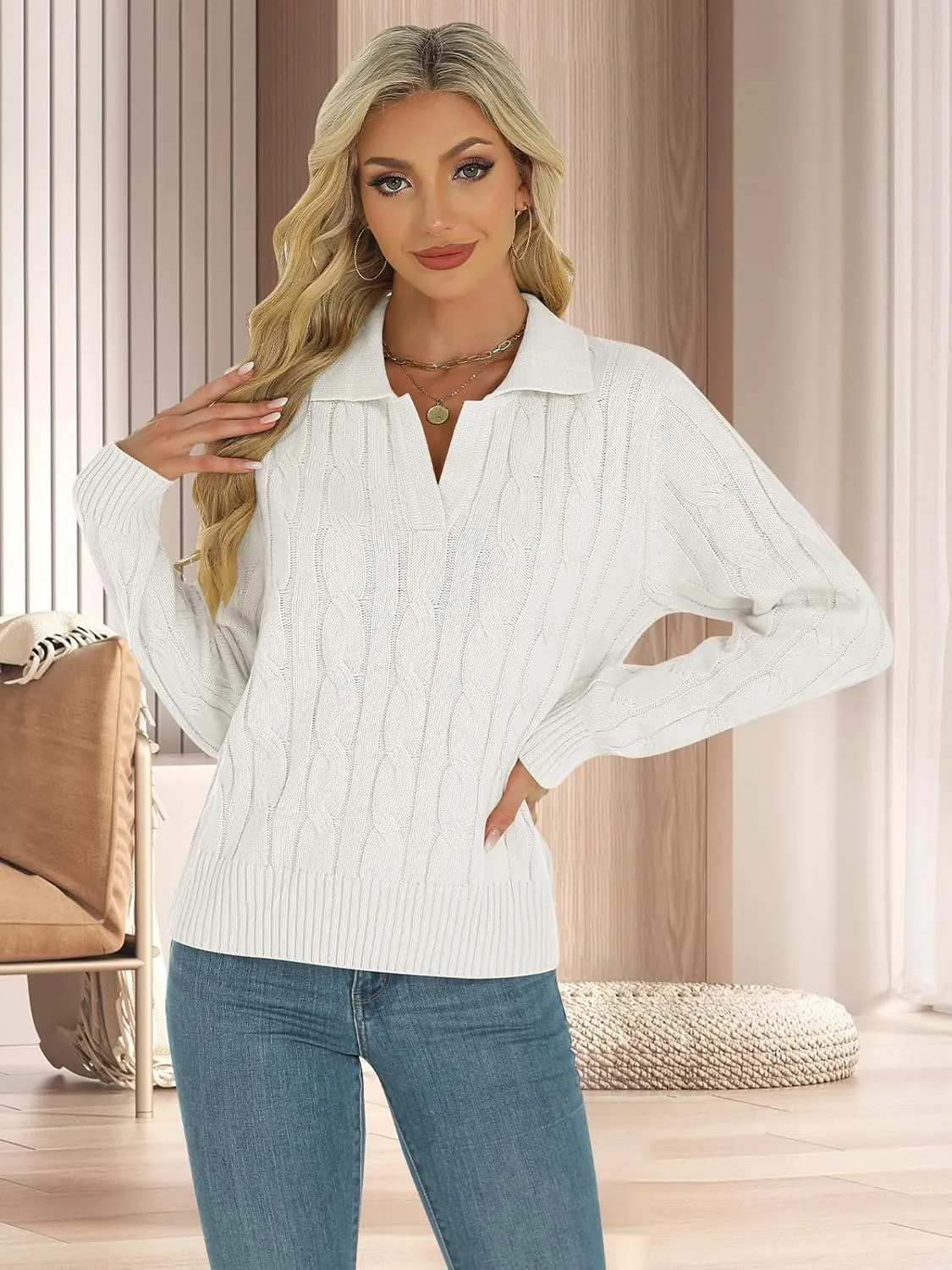 Womens Long Sleeve Sweaters Cable Tops Solid Lapel Polo V Neck Knit Casual Soft Pullover Shirt 2025 Spring Outfits