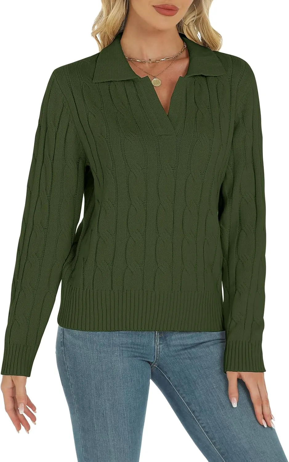 Womens Long Sleeve Sweaters Cable Tops Solid Lapel Polo V Neck Knit Casual Soft Pullover Shirt 2025 Spring Outfits