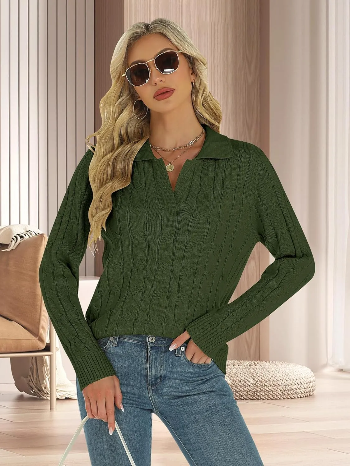 Womens Long Sleeve Sweaters Cable Tops Solid Lapel Polo V Neck Knit Casual Soft Pullover Shirt 2025 Spring Outfits