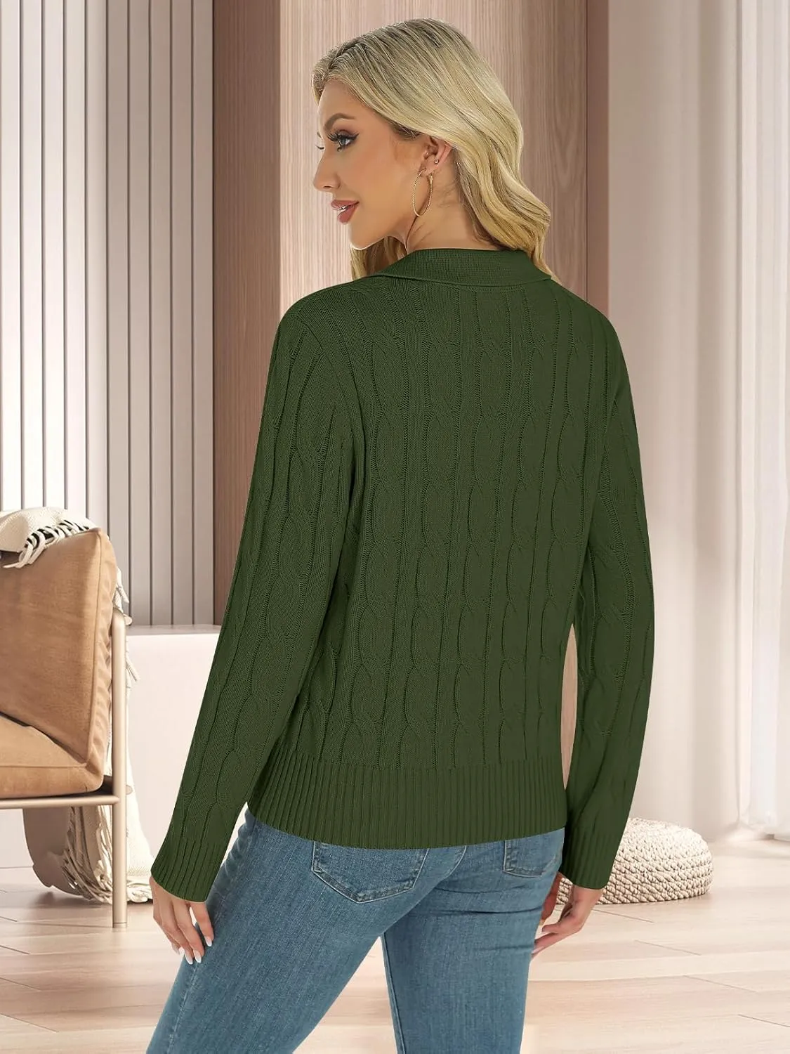 Womens Long Sleeve Sweaters Cable Tops Solid Lapel Polo V Neck Knit Casual Soft Pullover Shirt 2025 Spring Outfits