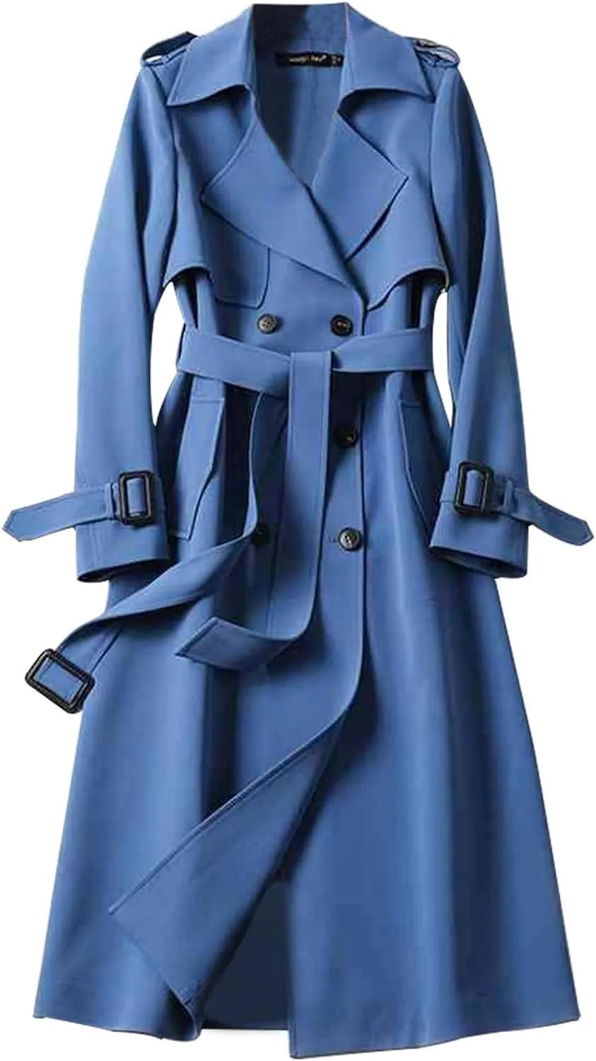 Womens Long Trench Coat Double Breasted Classic Windbreaker Belted Slim Overcoat Casual Outerwear Fashion Winter Jackets