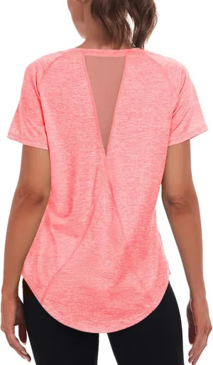 Women's Long Workout Tops,Short Sleeve Dry-Fit Mesh Open Back Loose Fit Gym Athletic Running Shirts Exercise Tee