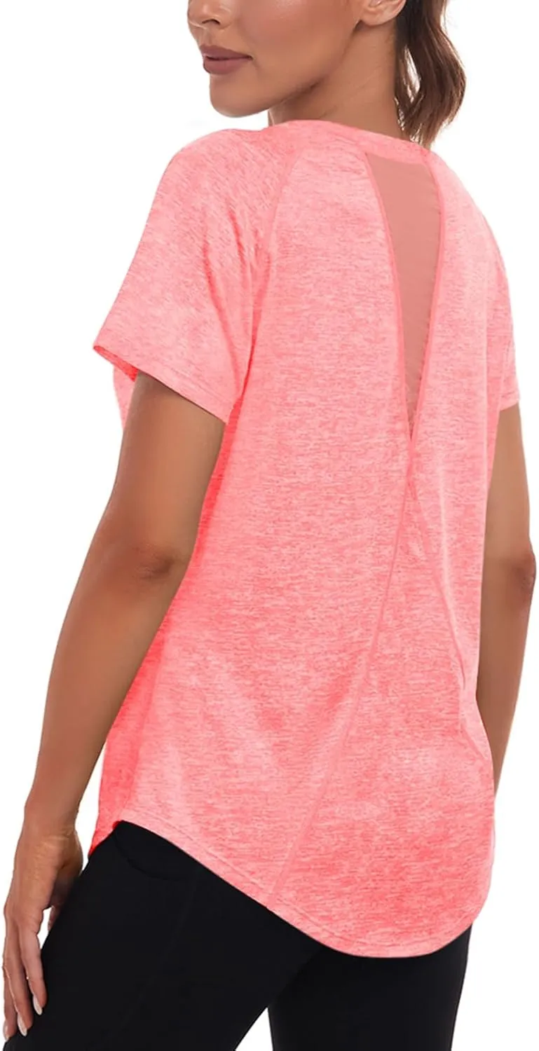 Women's Long Workout Tops,Short Sleeve Dry-Fit Mesh Open Back Loose Fit Gym Athletic Running Shirts Exercise Tee