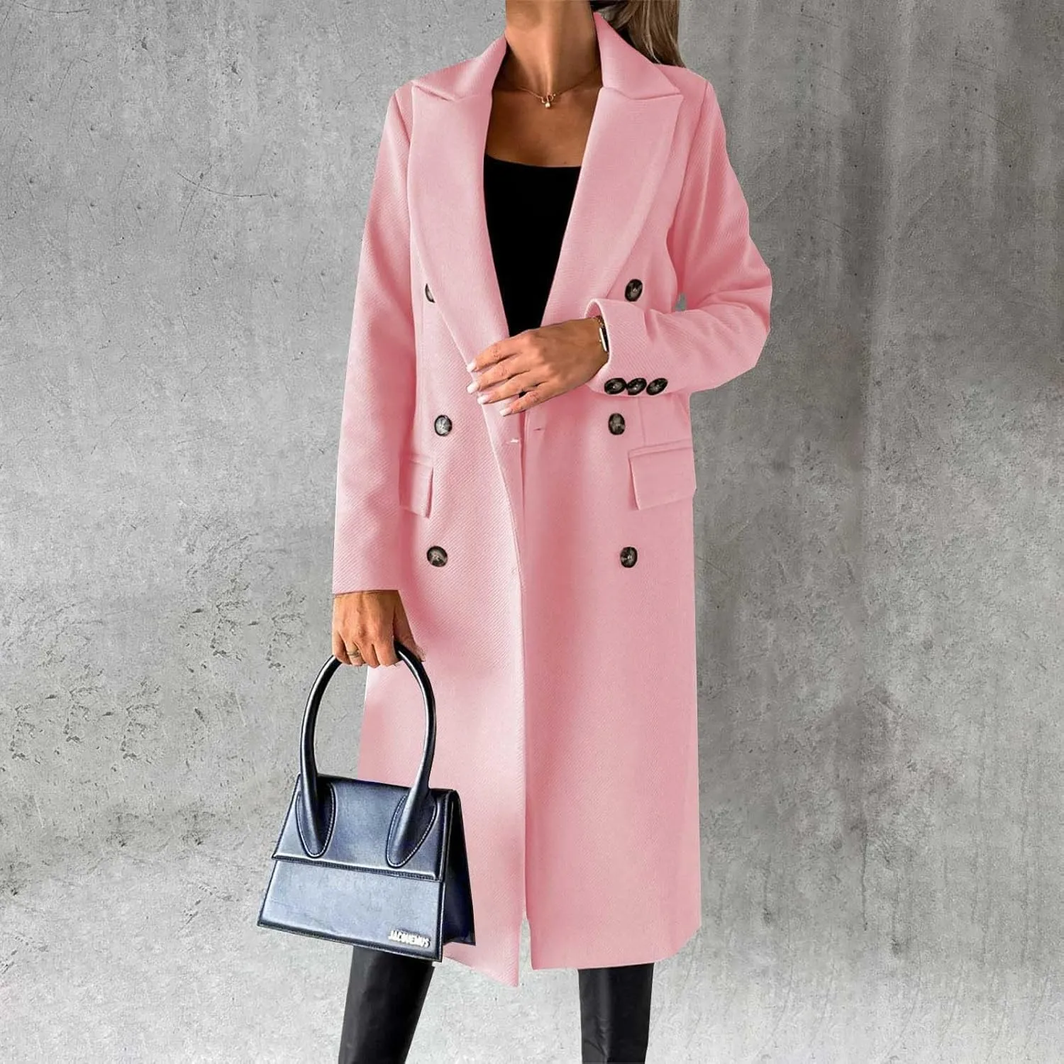 Women's Notched Lapel Collar Basic Breasted Comfy Coat Winter Wool Blend Over Coats Casual Thermal Long Jackets