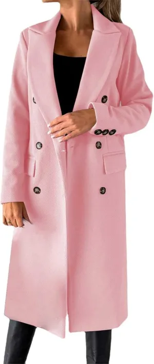 Women's Notched Lapel Collar Basic Breasted Comfy Coat Winter Wool Blend Over Coats Casual Thermal Long Jackets