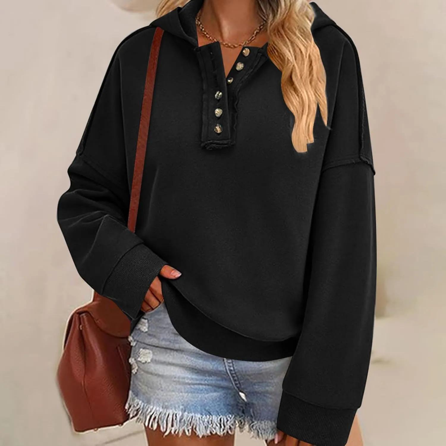 Womens Oversized Hoodies Trendy Loose Button v Neck Hooded Pullover Sweatshirt Fall Outfits 2024 Preppy Clothes