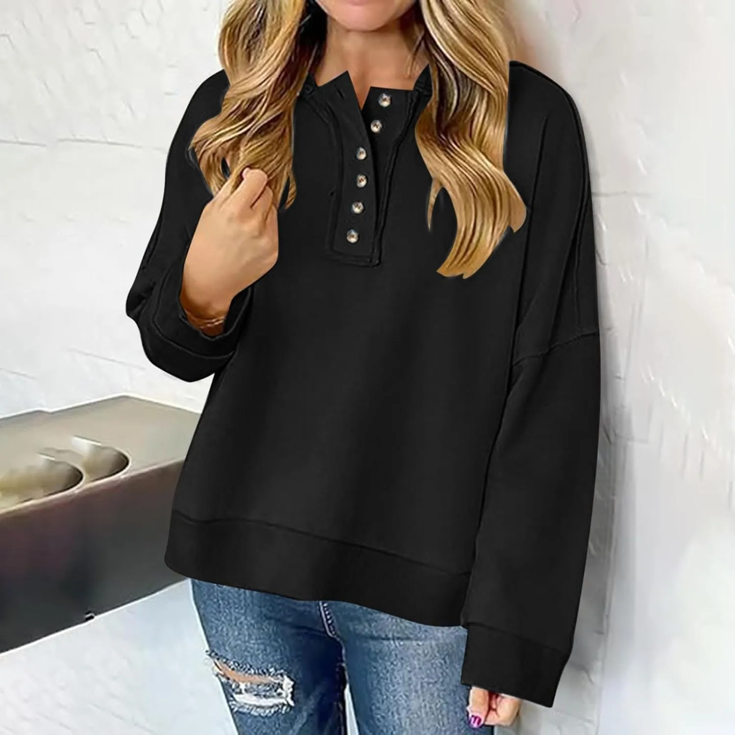 Womens Oversized Hoodies Trendy Loose Button v Neck Hooded Pullover Sweatshirt Fall Outfits 2024 Preppy Clothes