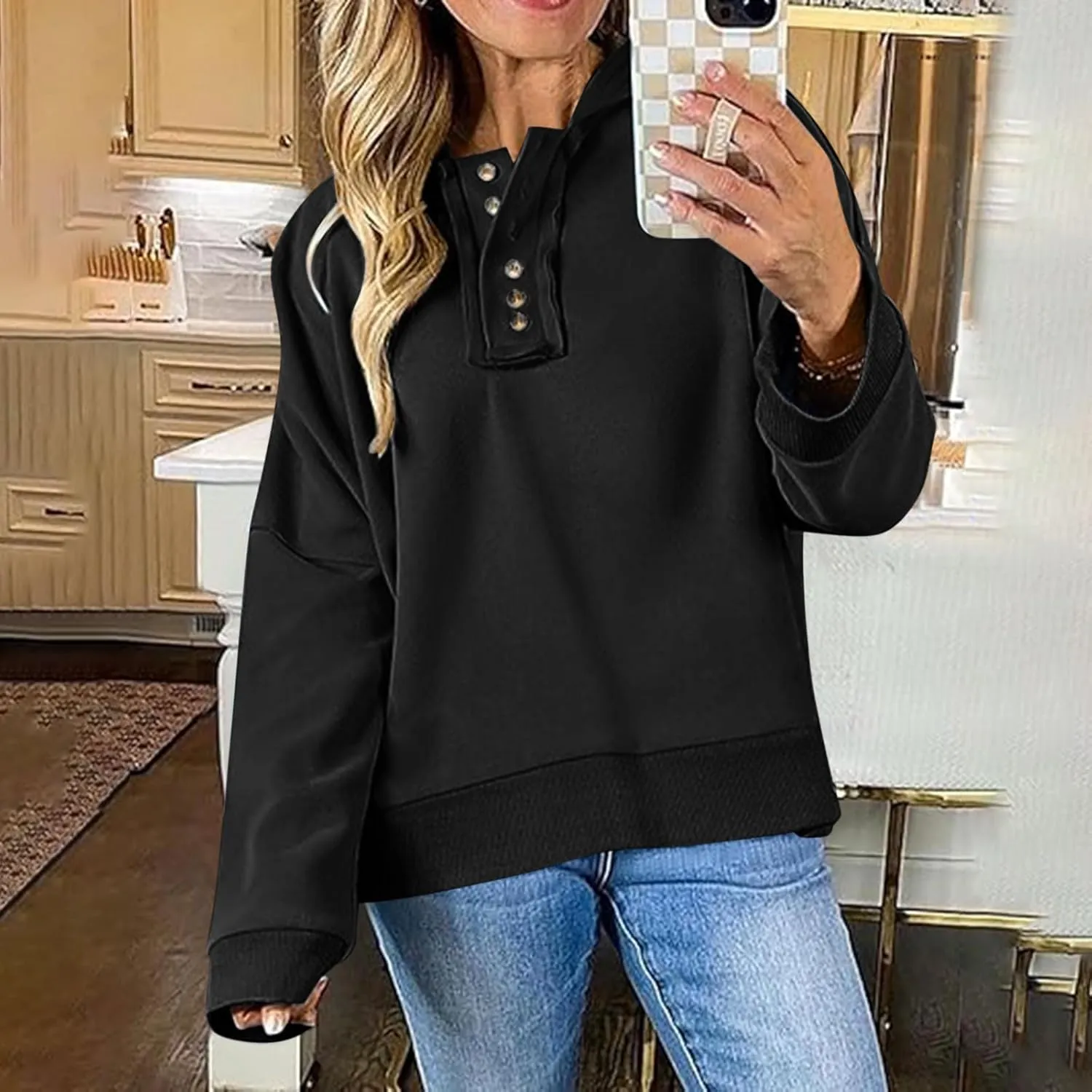 Womens Oversized Hoodies Trendy Loose Button v Neck Hooded Pullover Sweatshirt Fall Outfits 2024 Preppy Clothes