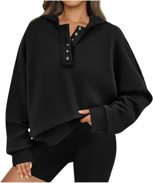 Womens Oversized Hoodies Trendy Loose Button v Neck Hooded Pullover Sweatshirt Fall Outfits 2024 Preppy Clothes