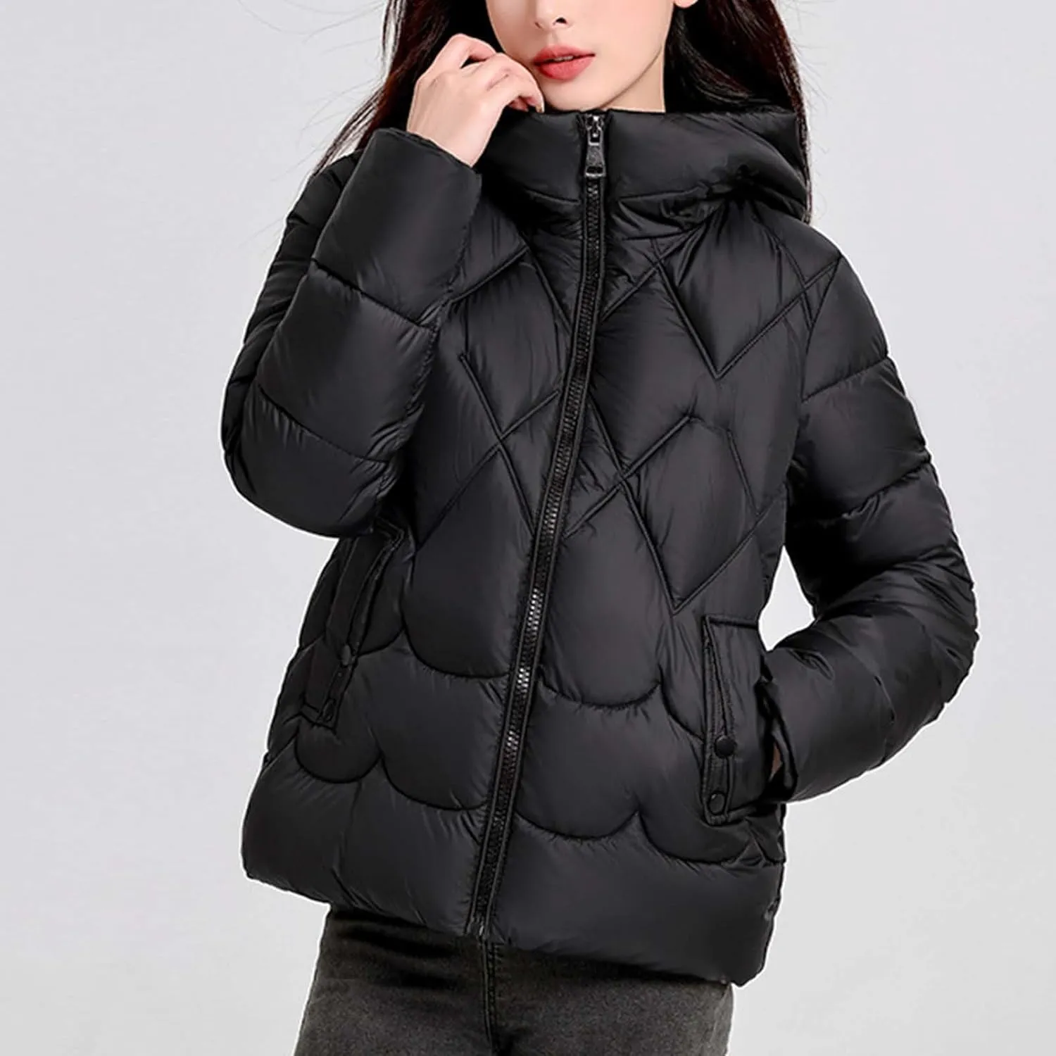 Womens Puffer Jacket Winter Solid Color Hooded Down Coat Thicken Warm Long Sleeves Jackets Casual Packable Coats