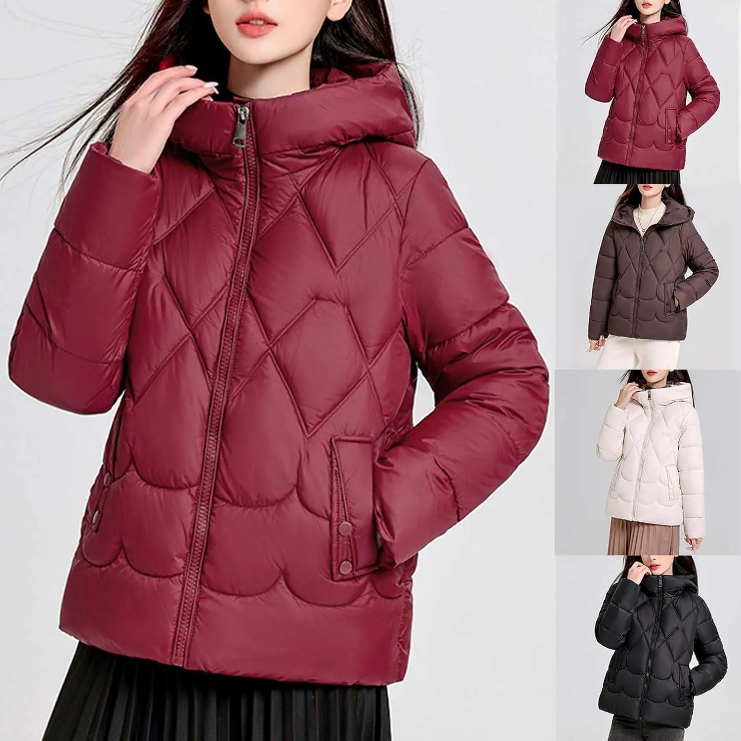 Womens Puffer Jacket Winter Solid Color Hooded Down Coat Thicken Warm Long Sleeves Jackets Casual Packable Coats