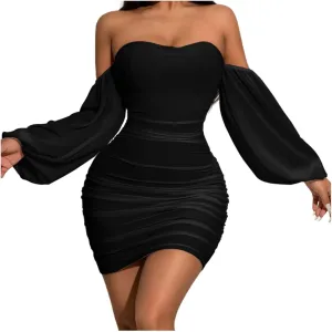 Women's Sexy Elegant Ruffle Long Sleeve Off Shoulder Bodycon Ruched Mini Cocktail Party Dress