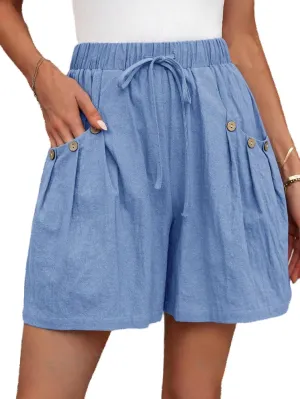 Women's Shorts Casual Flowy High Waisted Comfy Summer Shorts Elastic Drawstring Boho Button Pants with Pockets