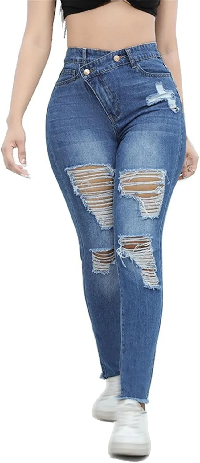 Women's Skinny Ripped Distressed Jeans Casual Comfort Stretch Denim Pants Destroyed Stretch Slim Fit Jeans
