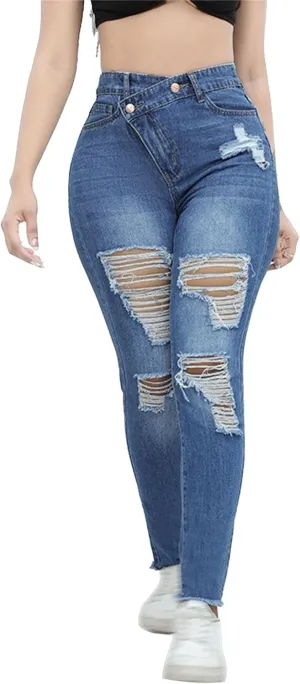 Women's Skinny Ripped Distressed Jeans Casual Comfort Stretch Denim Pants Destroyed Stretch Slim Fit Jeans