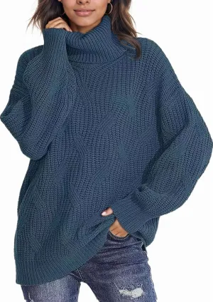 Women's Solid Color Long Sleeve Sweater Knit High Neck Pullover Oversized Sweater Turtleneck Casual Knitwear