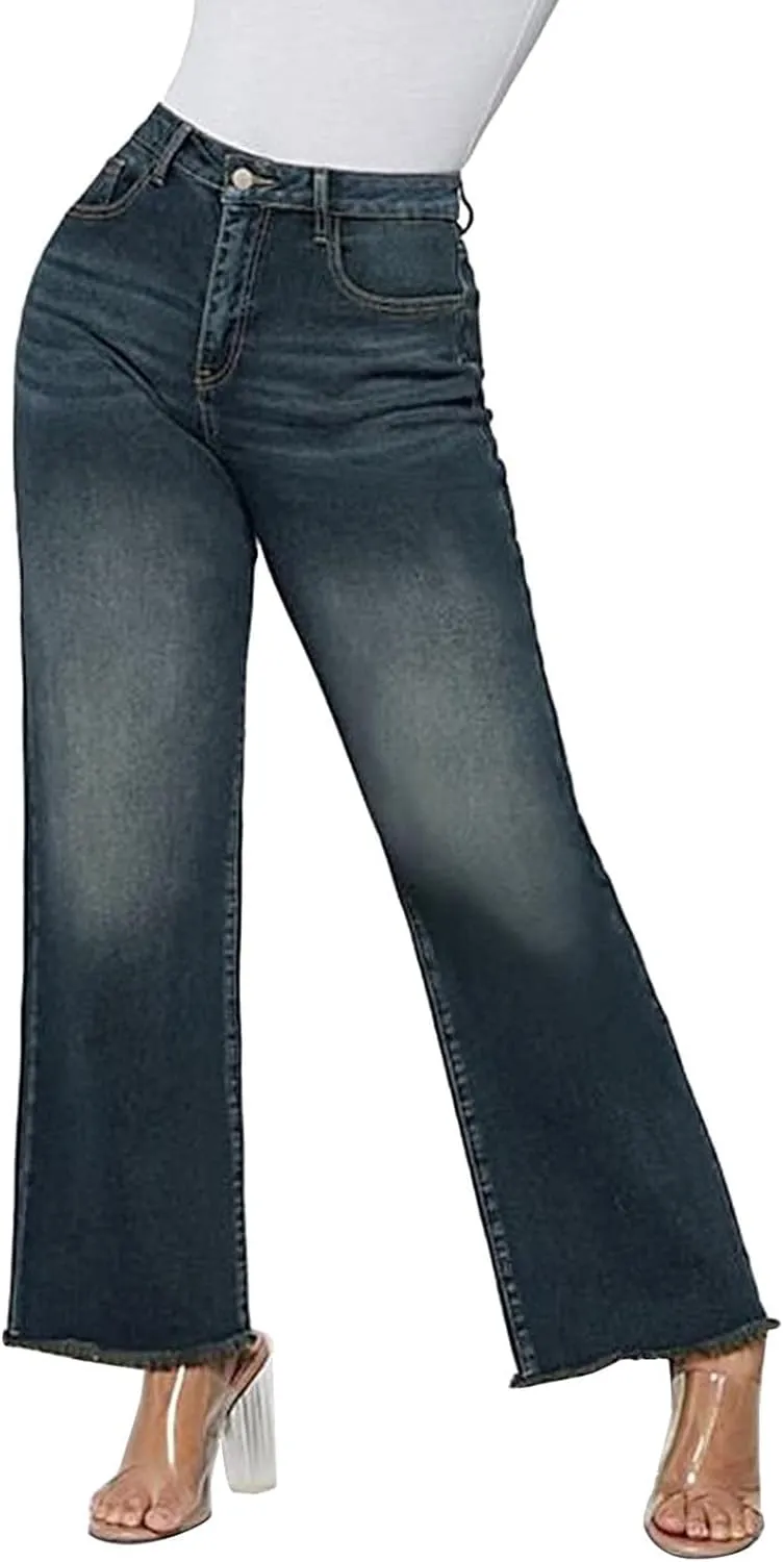 Women's Straight Leg Flared Jeans Pockets High Waisted Loose Casual Pants Outside Trendy Fashion Vintage Denim Pants