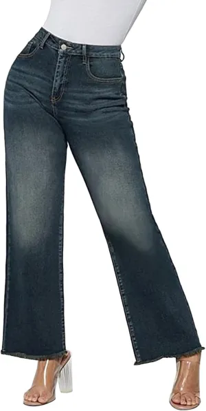 Women's Straight Leg Flared Jeans Pockets High Waisted Loose Casual Pants Outside Trendy Fashion Vintage Denim Pants