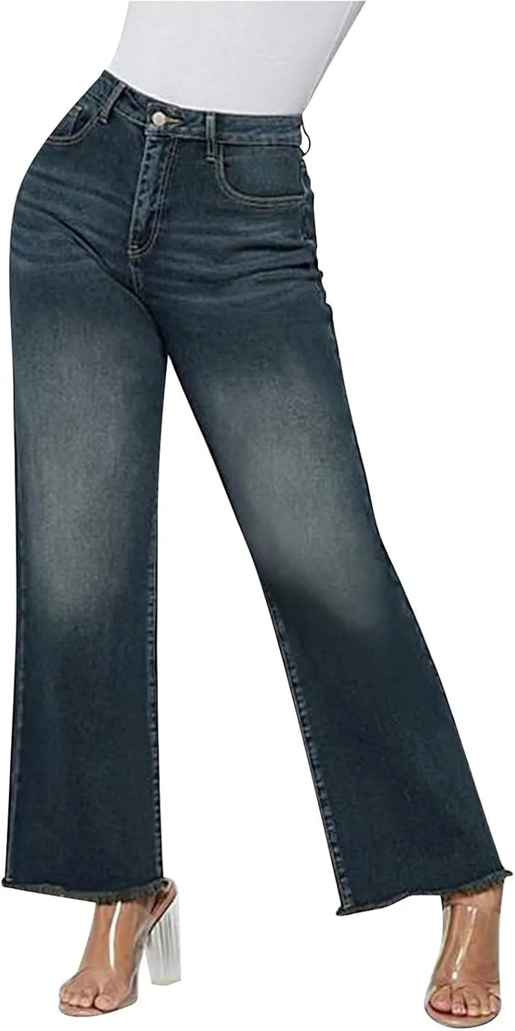 Women's Straight Leg Flared Jeans Pockets High Waisted Loose Casual Pants Outside Trendy Fashion Vintage Denim Pants