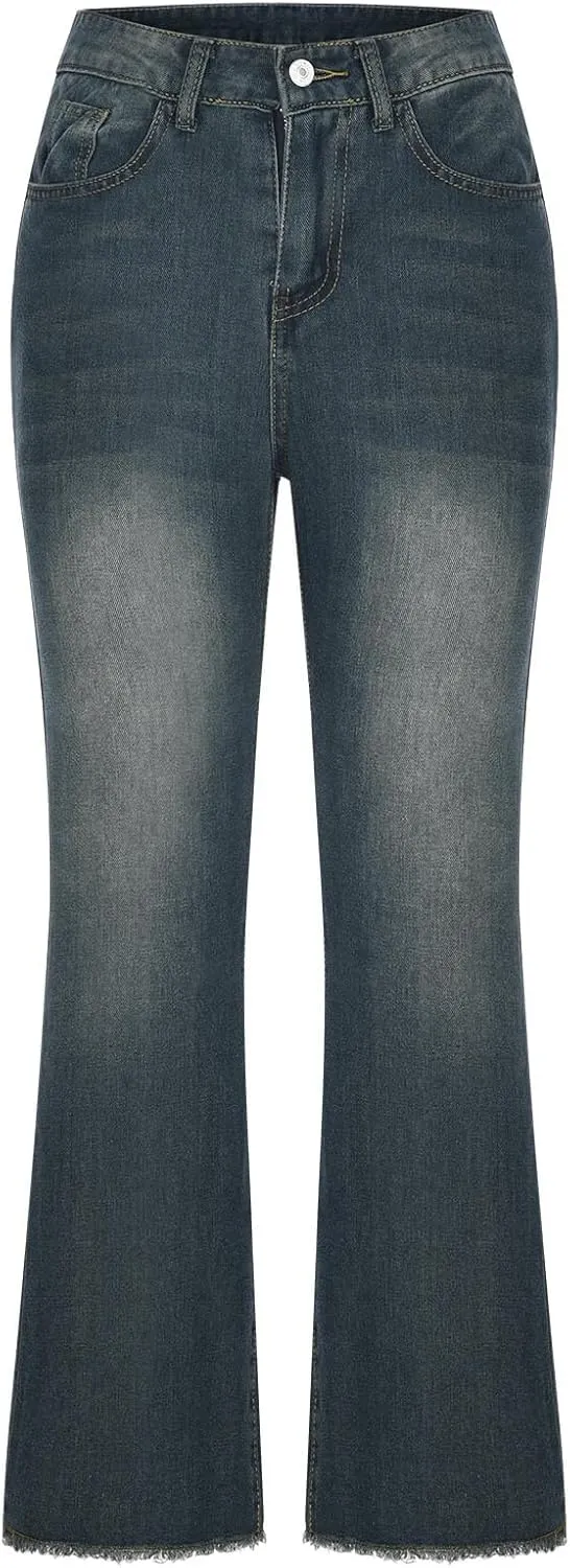 Women's Straight Leg Flared Jeans Pockets High Waisted Loose Casual Pants Outside Trendy Fashion Vintage Denim Pants