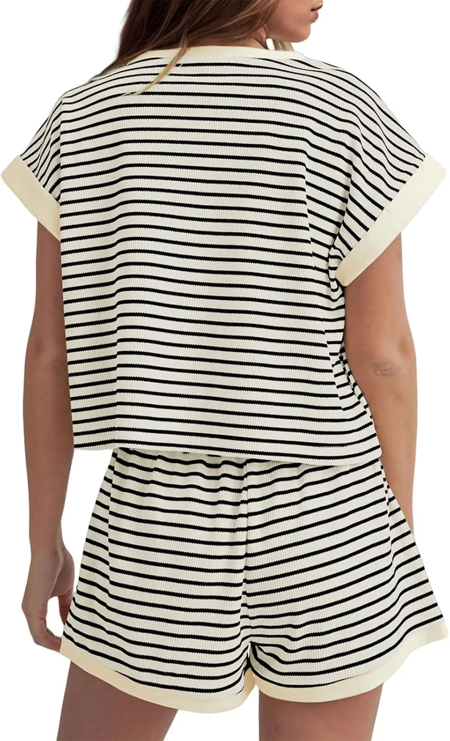 Women's Summer 2 PCS Contrast striped Short Sleeve Round Neck T Shirts Loose Mini Shorts Loungewear Sets