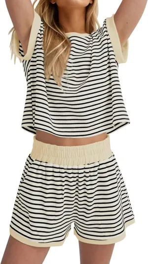 Women's Summer 2 PCS Contrast striped Short Sleeve Round Neck T Shirts Loose Mini Shorts Loungewear Sets