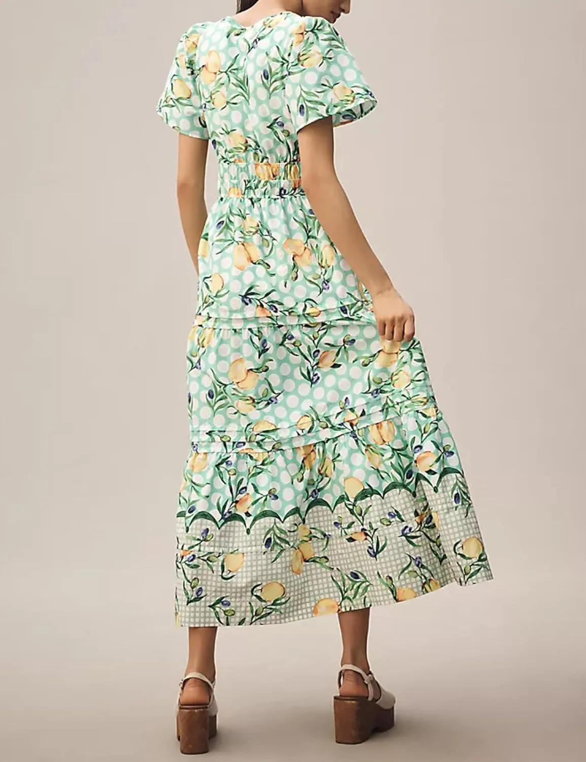 Womens Summer Boho Maxi Dresses Floral V Neck Tiered Short Sleeve Long Dress Flowy Beach Vacation Dress with Pockets