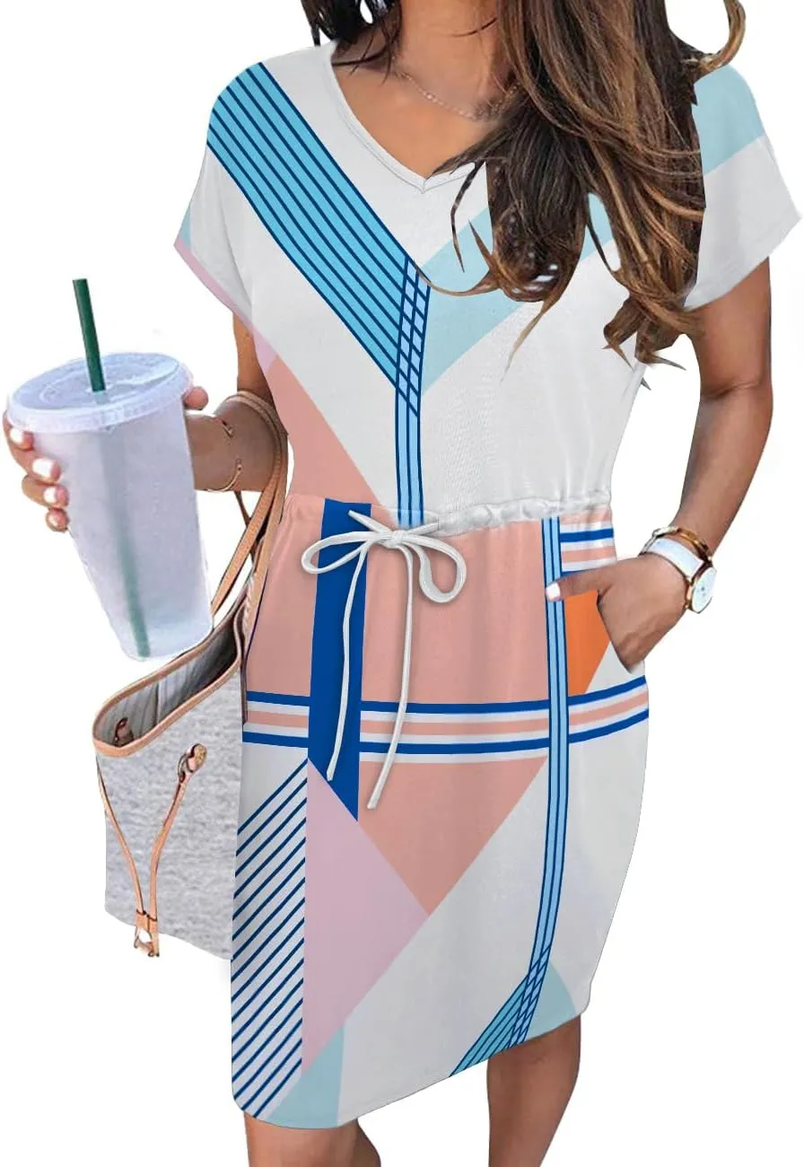 Womens Summer Dresses 2025 Casual Tie Front Short Sleeve A Line Midi Shirt Dress Beach Vacation Clothes