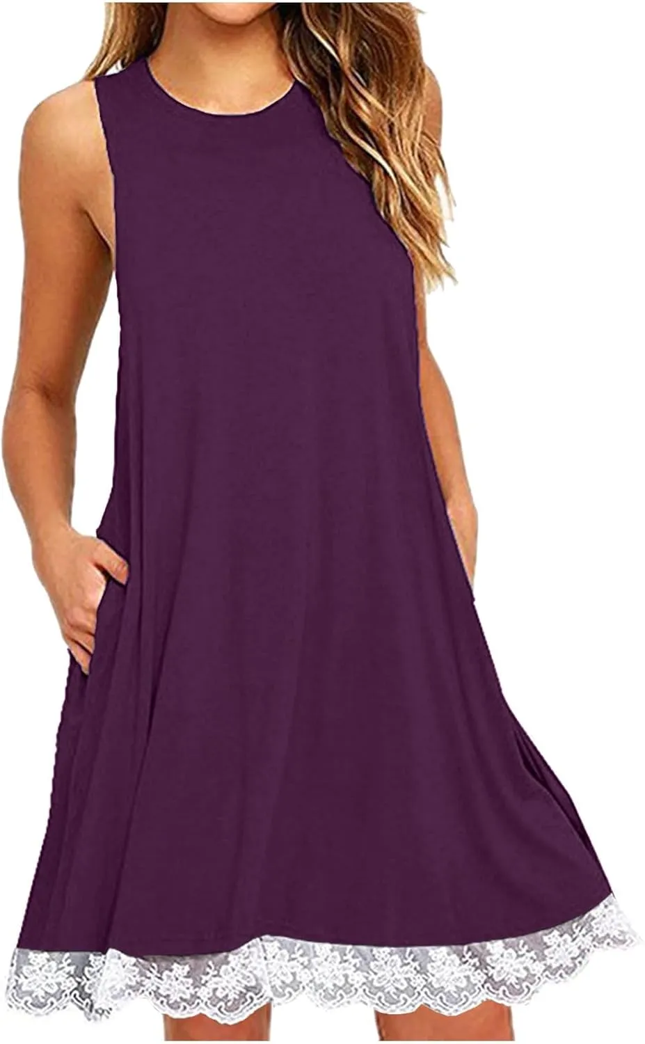 Women's Summer Dresses Beach Vacation Sleeveless Sundress Casual Round Neck A Line Mini Dress with Side Pockets