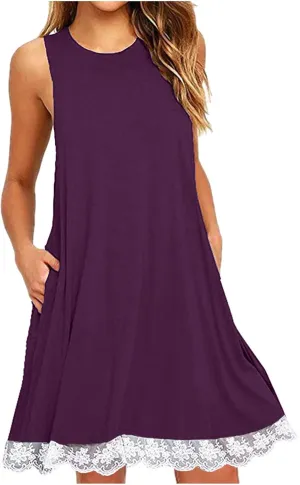 Women's Summer Dresses Beach Vacation Sleeveless Sundress Casual Round Neck A Line Mini Dress with Side Pockets