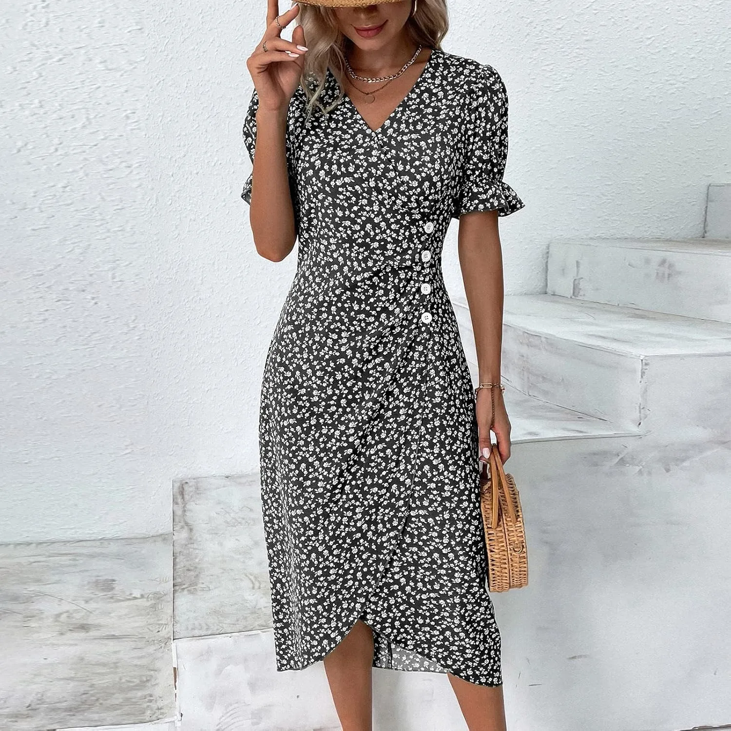 Womens Sundress Summer Floral Short Sleeve Wrap V Neck A-Line Midi Dress 2025 Elegant Flowy Beach Swing Dresses