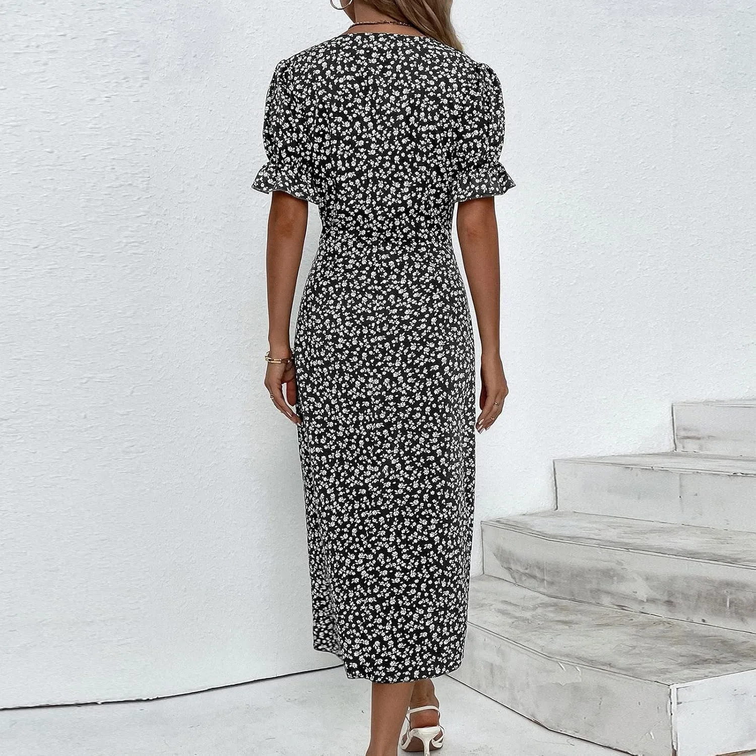 Womens Sundress Summer Floral Short Sleeve Wrap V Neck A-Line Midi Dress 2025 Elegant Flowy Beach Swing Dresses