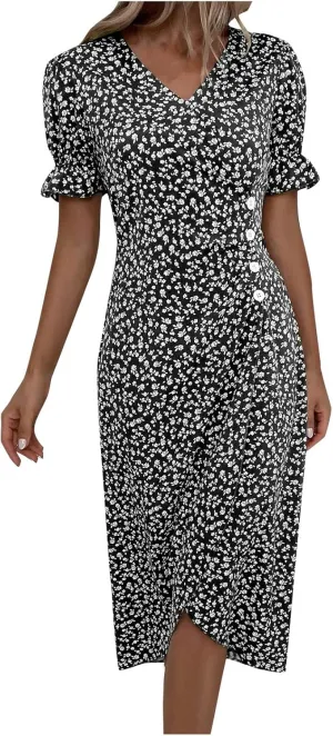 Womens Sundress Summer Floral Short Sleeve Wrap V Neck A-Line Midi Dress 2025 Elegant Flowy Beach Swing Dresses