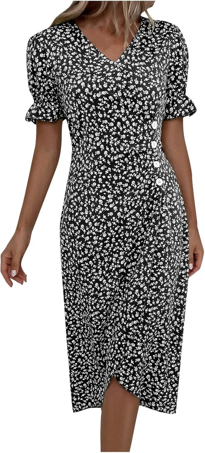 Womens Sundress Summer Floral Short Sleeve Wrap V Neck A-Line Midi Dress 2025 Elegant Flowy Beach Swing Dresses