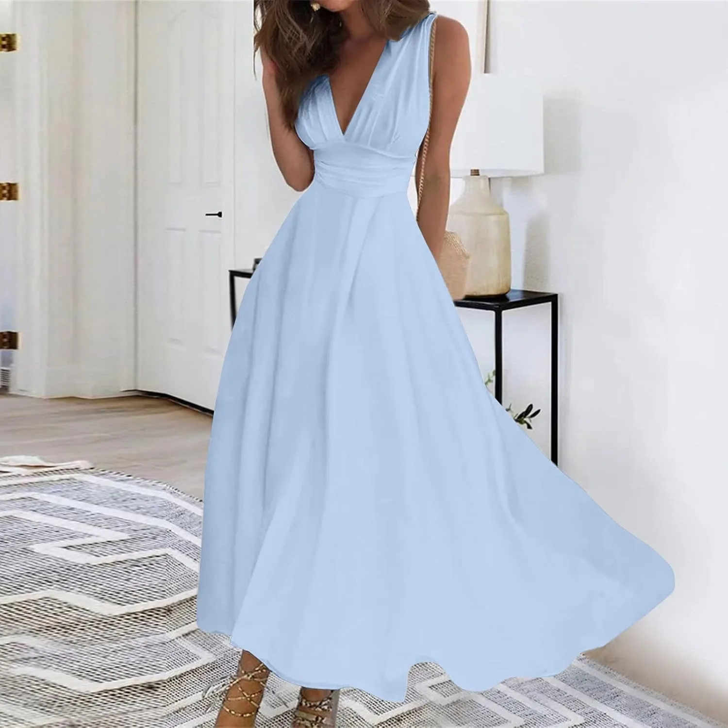 Womens Sundress Summer Floral Short Sleeve Wrap V Neck A-Line Midi Dress 2025 Elegant Flowy Beach Swing Dresses