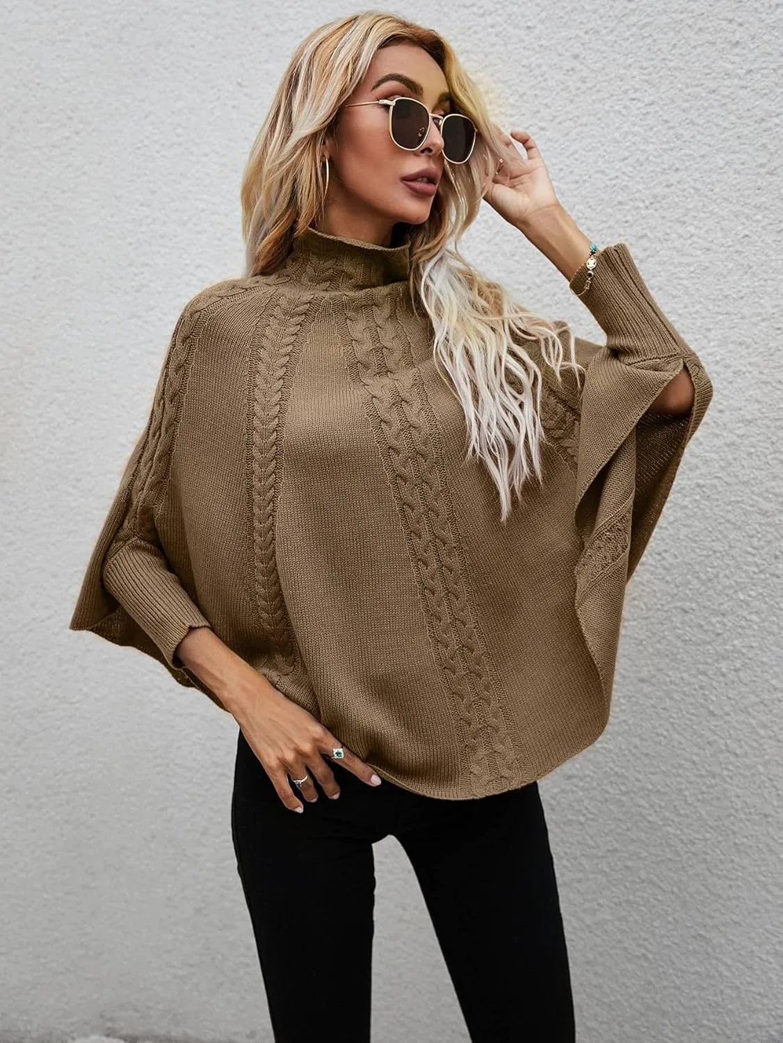 Women's Sweater Solid Cable Knit Stand Collar Sweater Sweater for Women(Mocha Brown,Large)