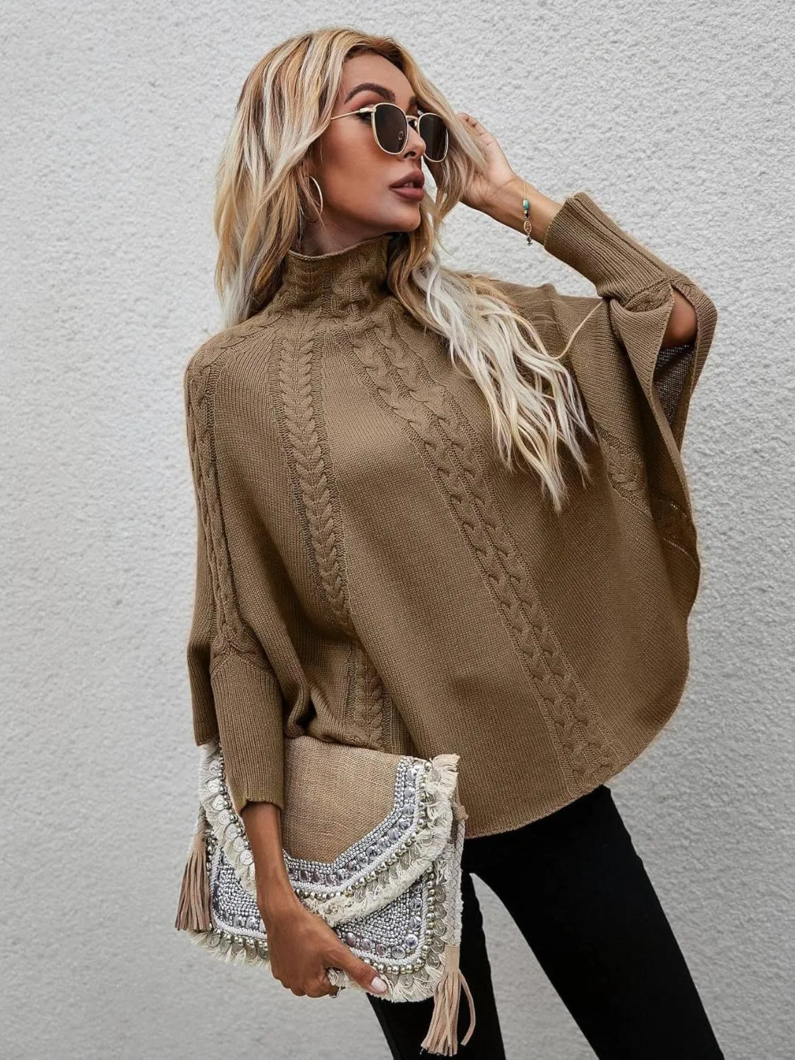 Women's Sweater Solid Cable Knit Stand Collar Sweater Sweater for Women(Mocha Brown,Large)