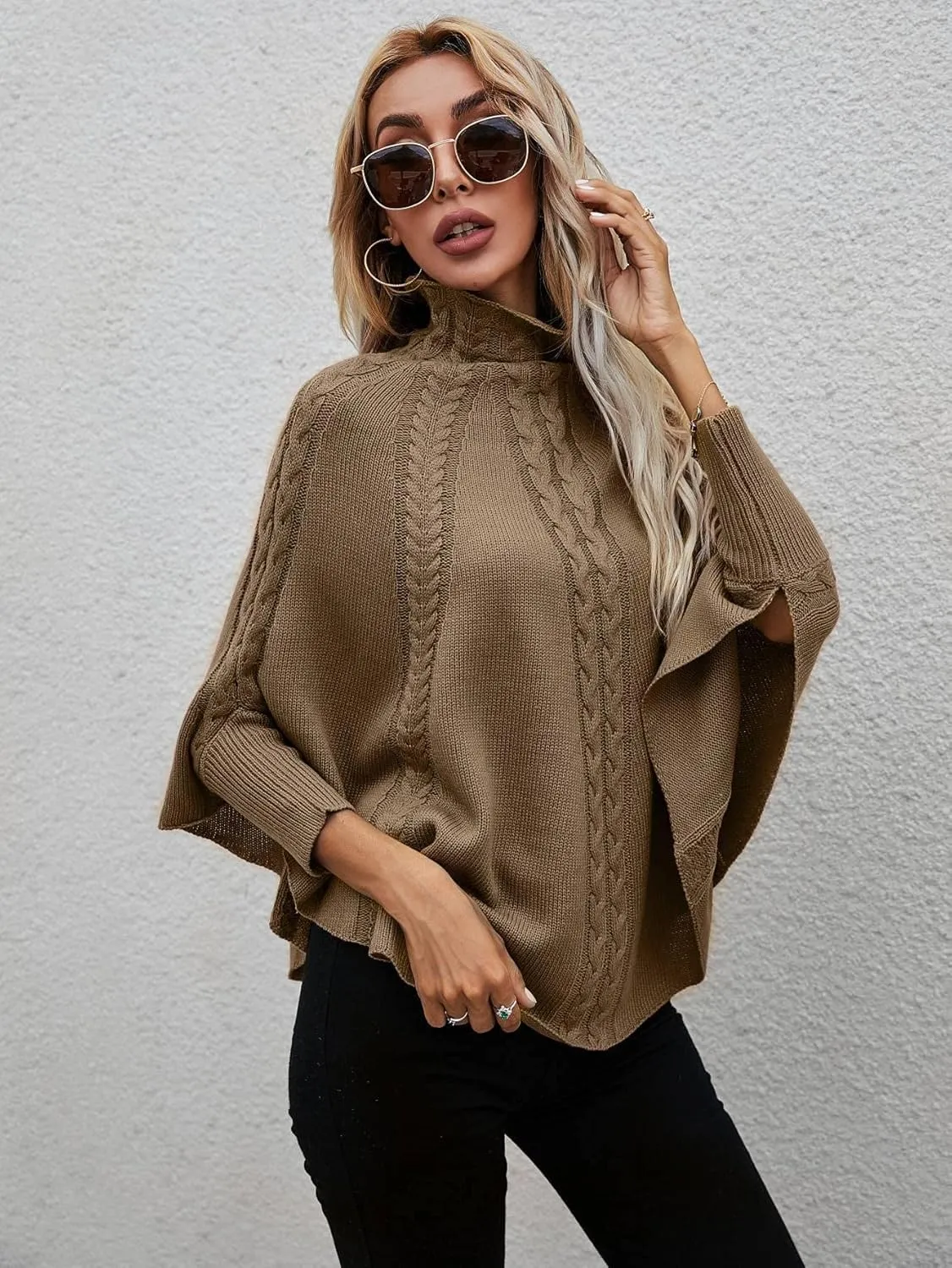 Women's Sweater Solid Cable Knit Stand Collar Sweater Sweater for Women(Mocha Brown,Large)