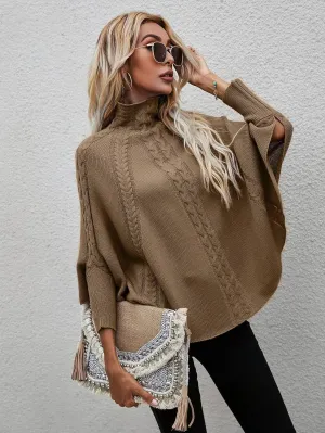 Women's Sweater Solid Cable Knit Stand Collar Sweater Sweater for Women(Mocha Brown,Large)