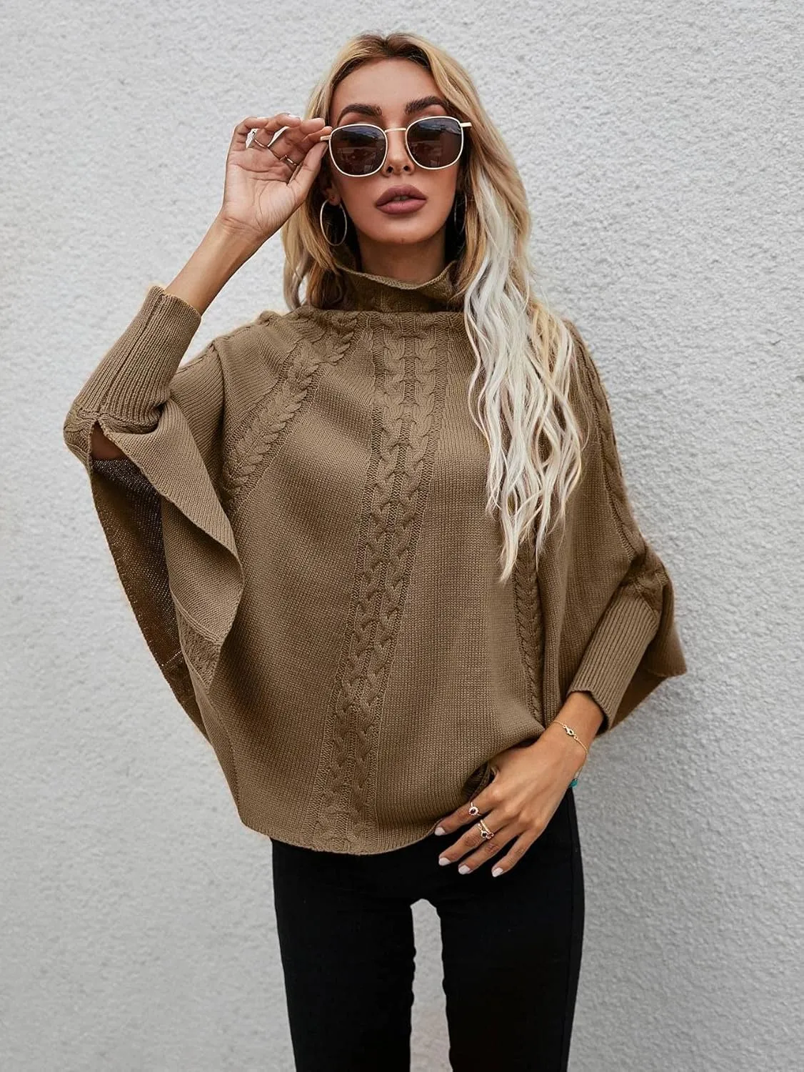 Women's Sweater Solid Cable Knit Stand Collar Sweater Sweater for Women(Mocha Brown,Large)