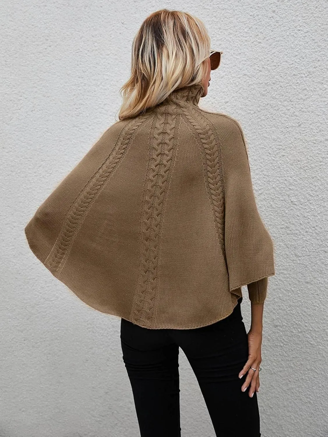 Women's Sweater Solid Cable Knit Stand Collar Sweater Sweater for Women(Mocha Brown,Large)