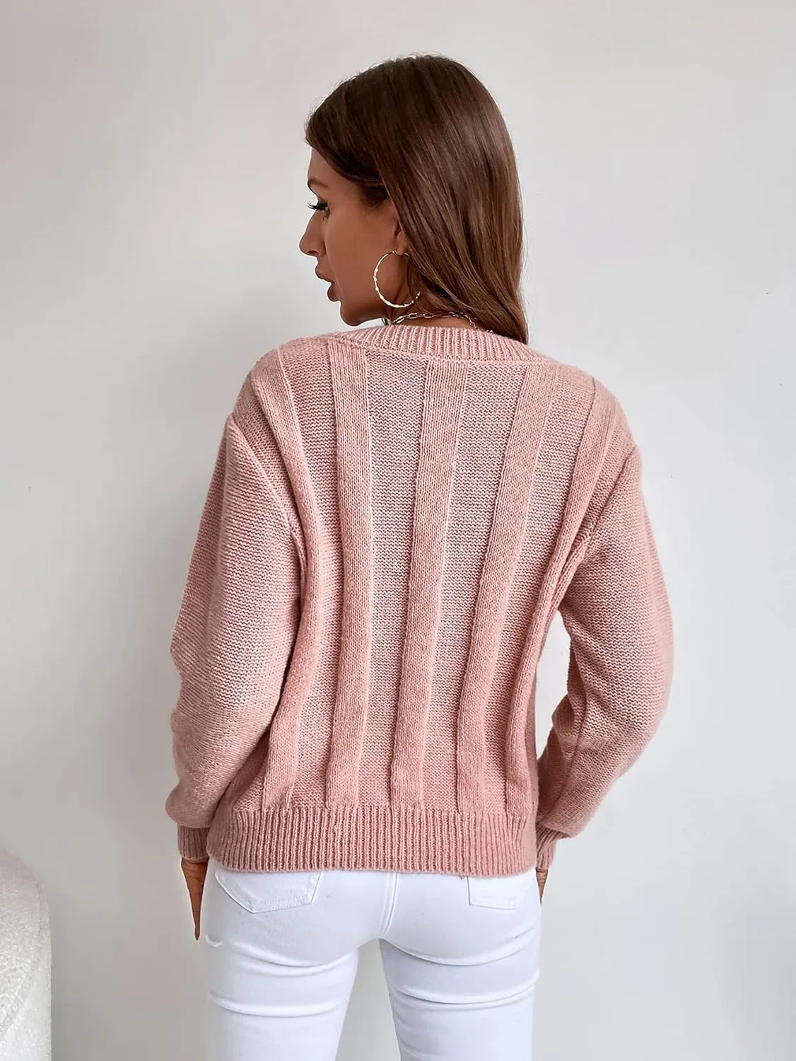 Women's Sweater Solid Cable Knit Sweater Sweater for Women(Dusty Pink,Large)