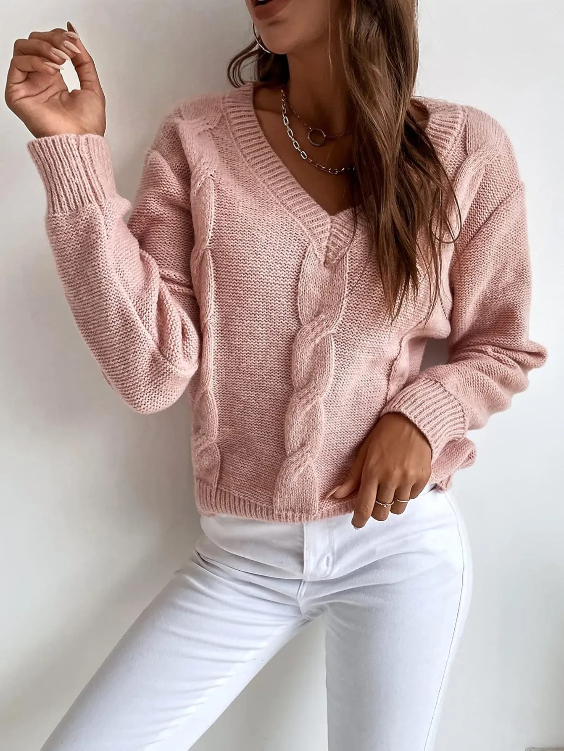 Women's Sweater Solid Cable Knit Sweater Sweater for Women(Dusty Pink,Large)