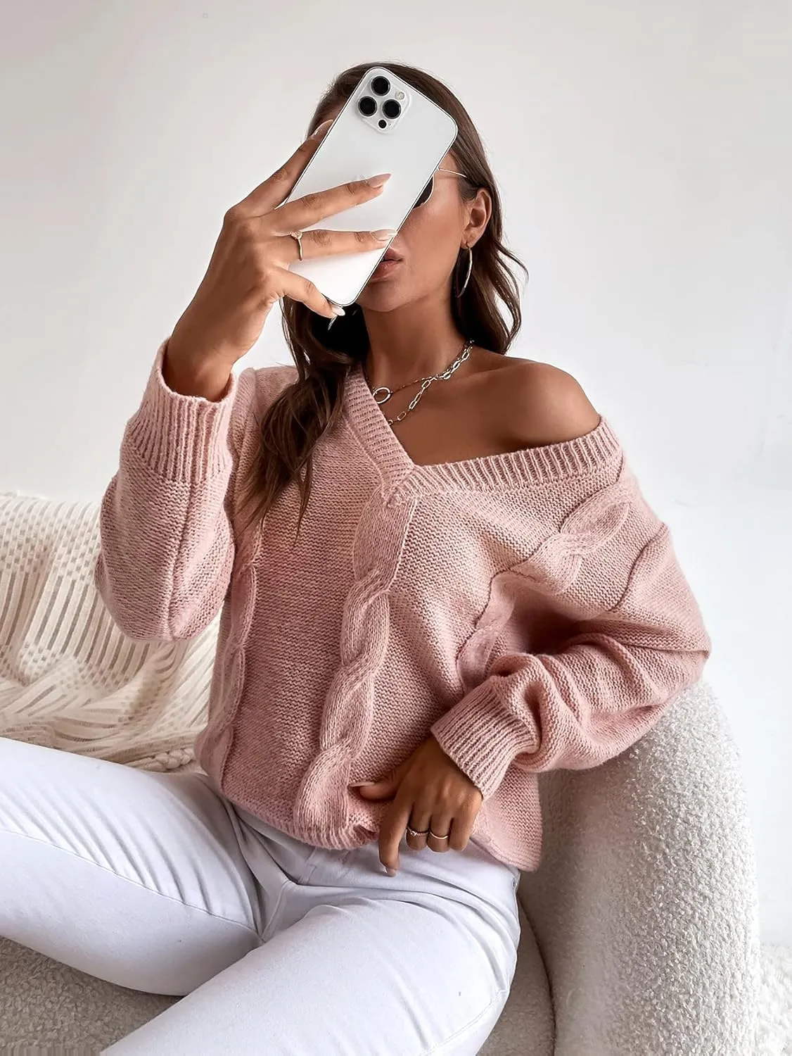 Women's Sweater Solid Cable Knit Sweater Sweater for Women(Dusty Pink,Large)