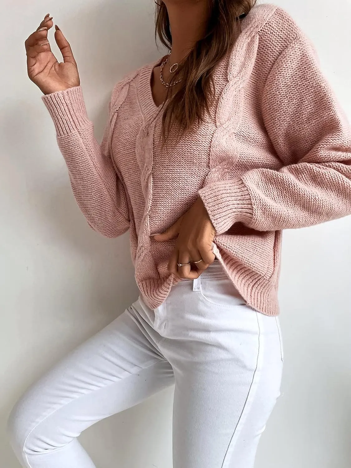 Women's Sweater Solid Cable Knit Sweater Sweater for Women(Dusty Pink,Large)