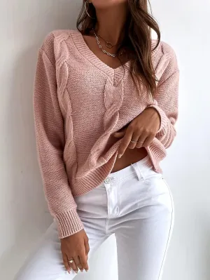 Women's Sweater Solid Cable Knit Sweater Sweater for Women(Dusty Pink,Large)